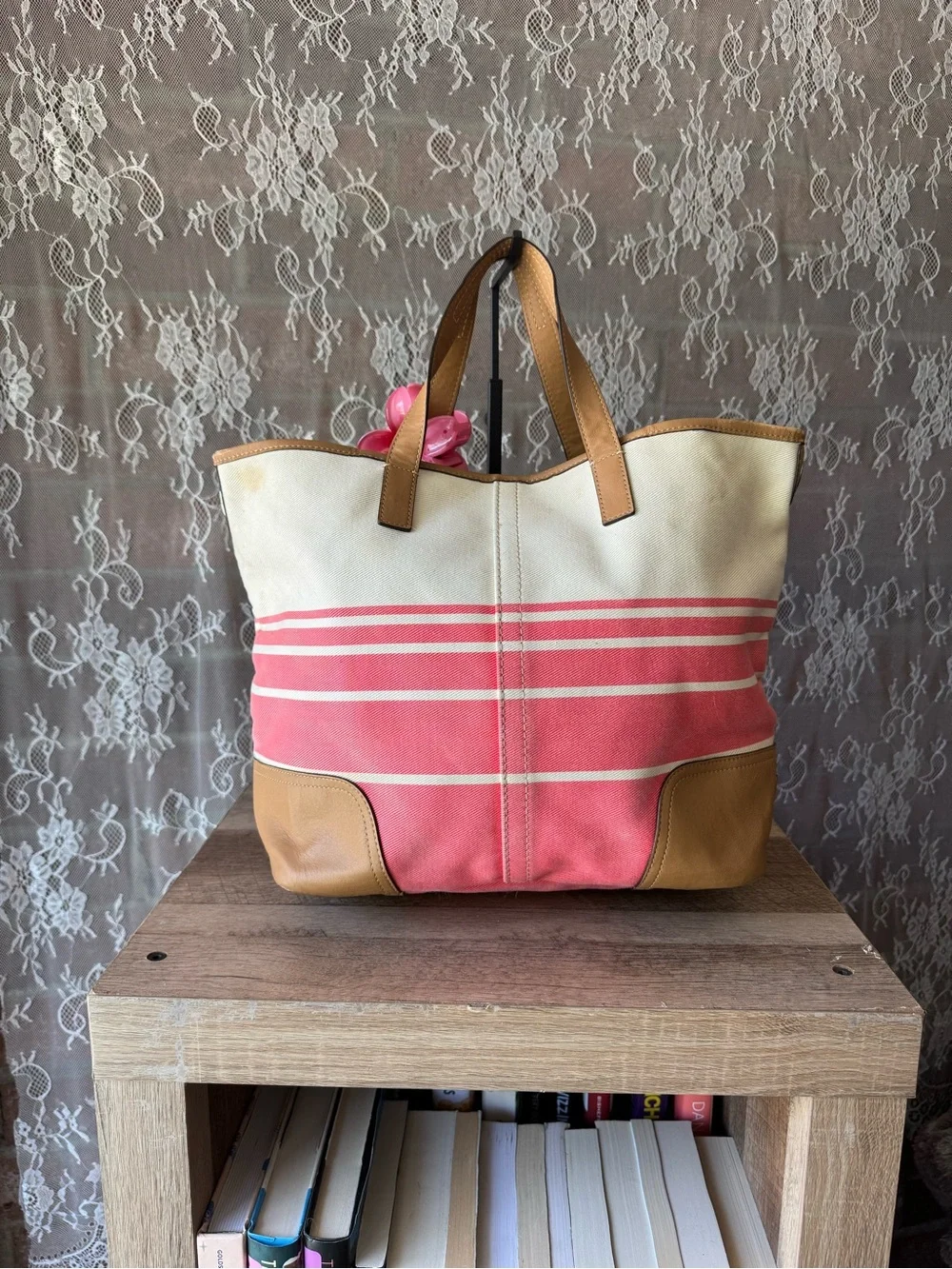 Coach Pink and Cream Canvas Stripe Tote with Tan Leather Trim